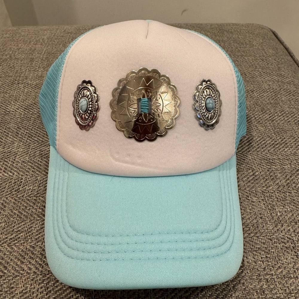 Turquoise and White Women's Hat with Silver Accents